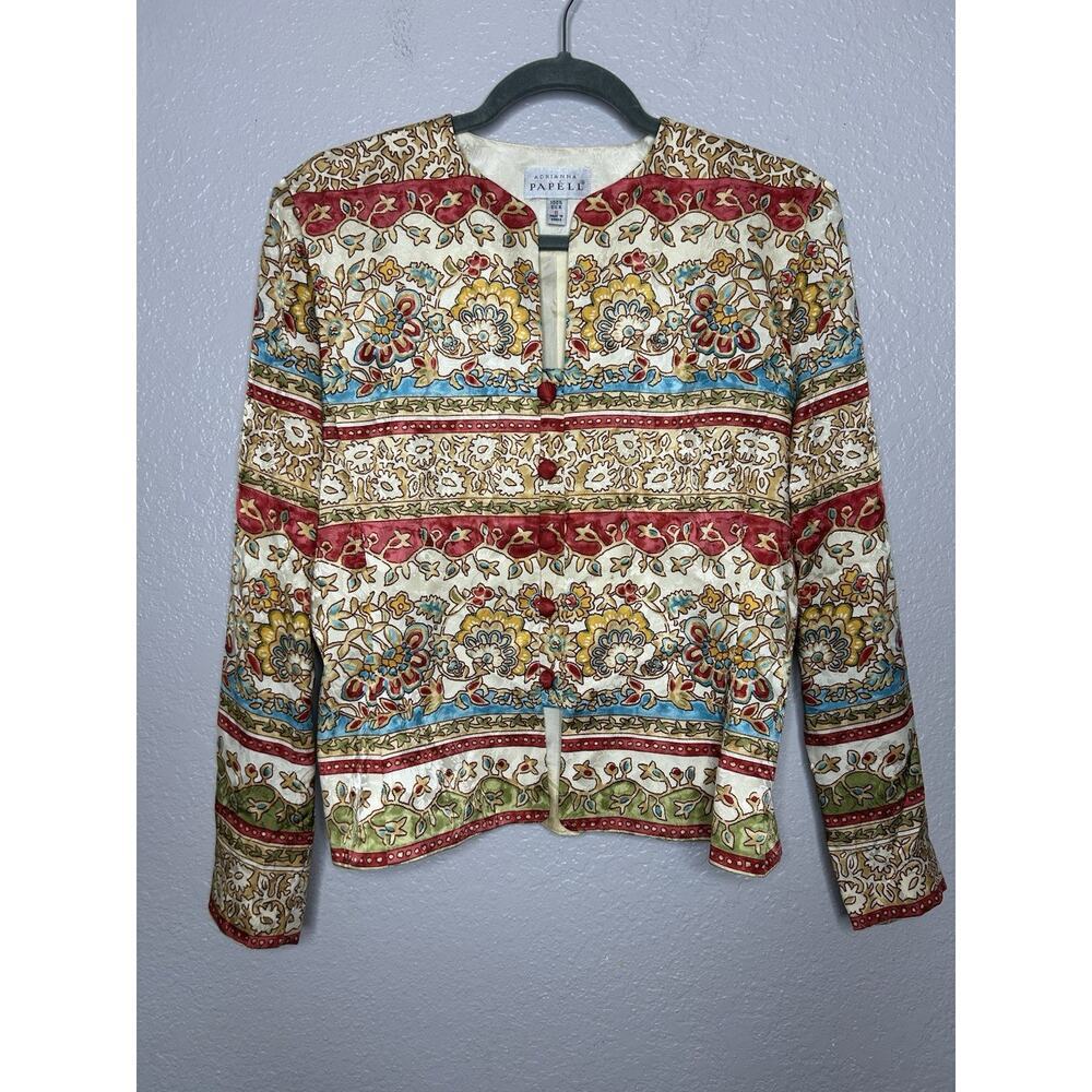 Vintage Adrianna Papell Top Jacket 100% Silk Multicolor 90’s Size 6 Cream Red